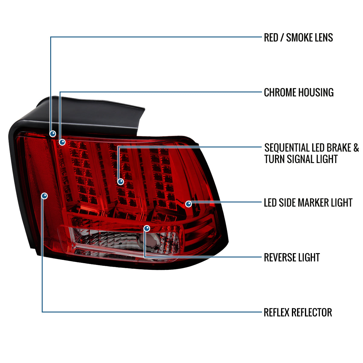 Ronnin - Fits 1999-2004 Ford Mustang Upgraded LED Sequential Turn Signals Tail Lights Assembly Pair | Smoky Red