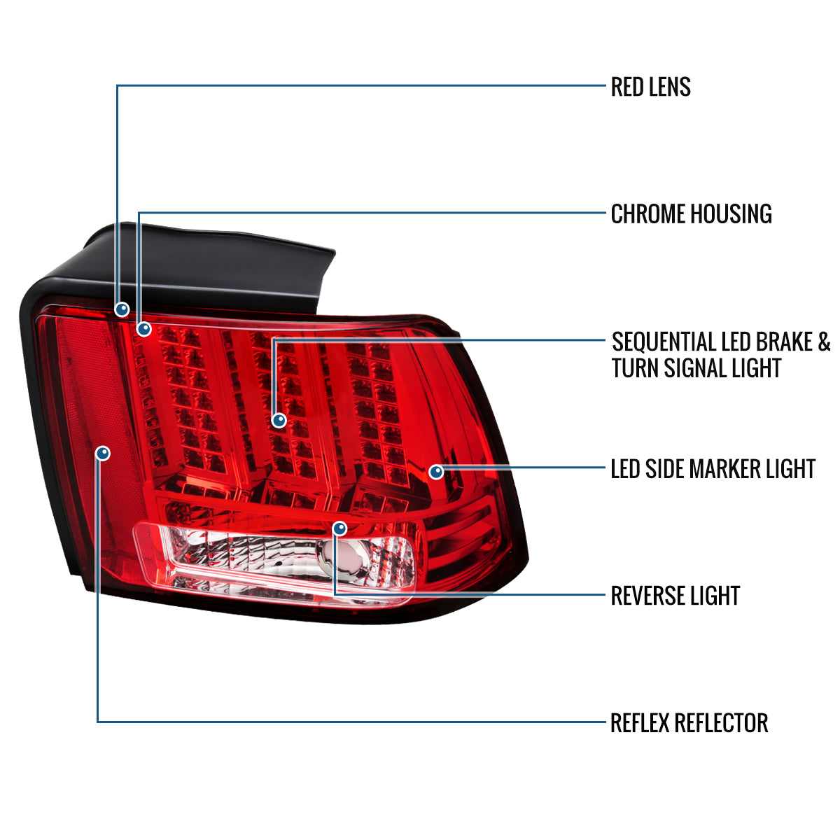 Ronnin - Fits 1999-2004 Ford Mustang Upgraded LED Sequential Turn Signals Tail Lights Assembly Pair | Red