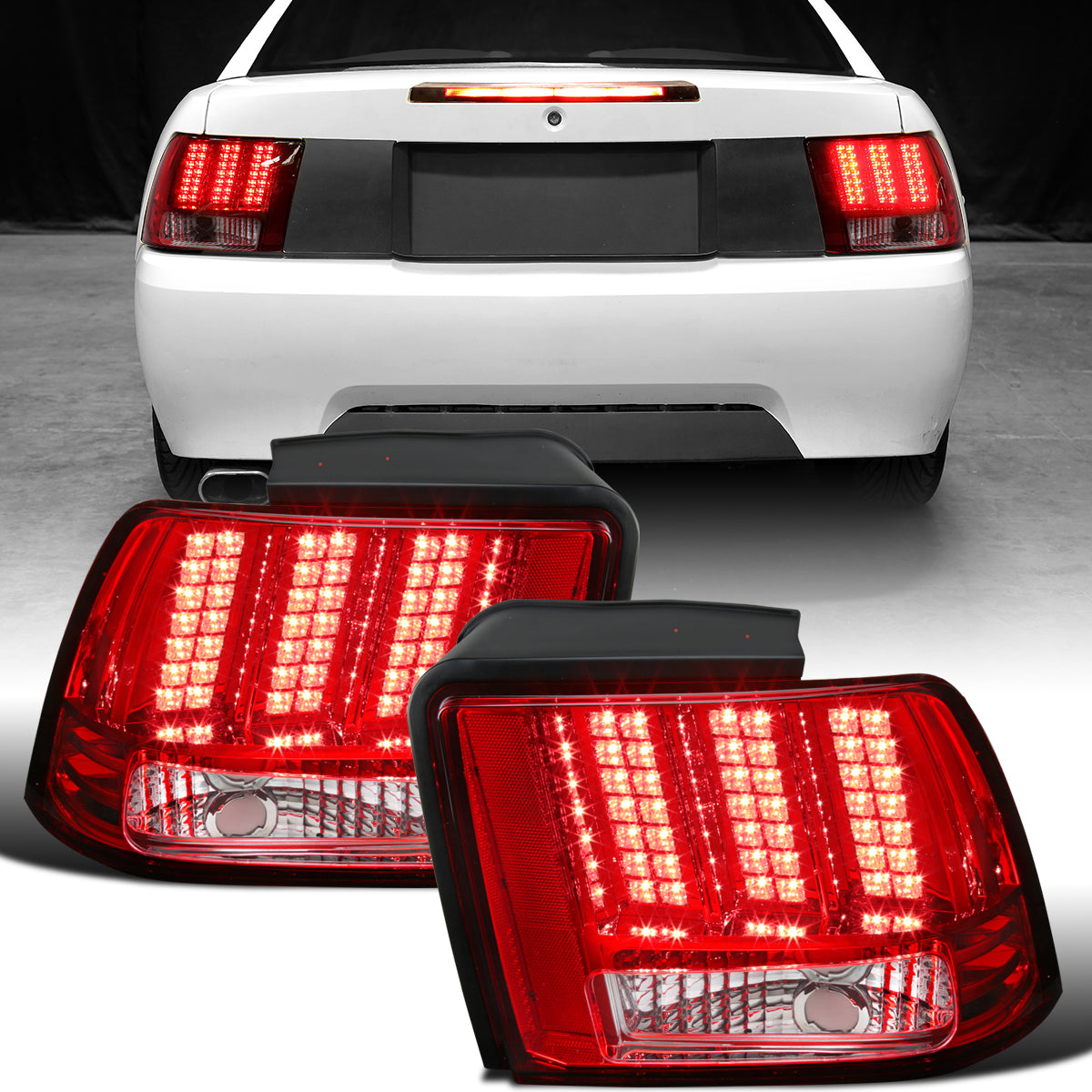 Ronnin - Fits 1999-2004 Ford Mustang Upgraded LED Sequential Turn Signals Tail Lights Assembly Pair | Red