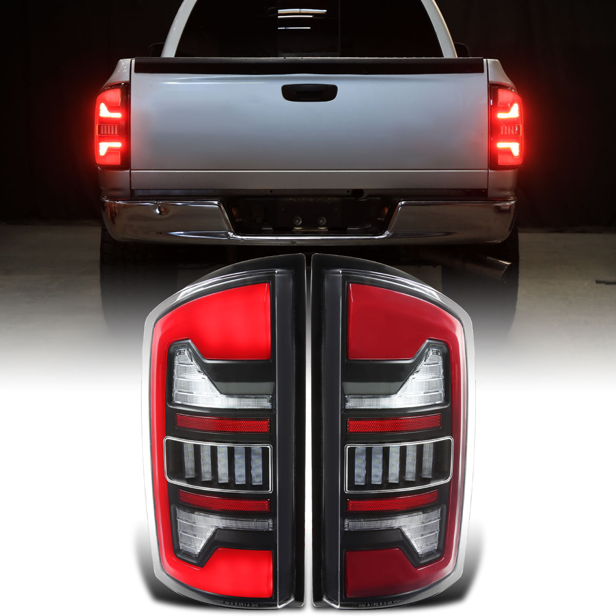 Ronnin - Fits 2007-2009 Dodge Ram 1500 2500 3500 Upgraded Full LED Integrated Brake Lamps and Turn Signal Tail Lights Assembly Replacement Pair | Black