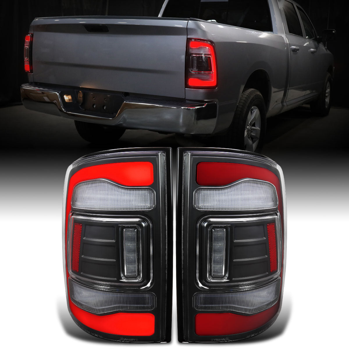 Ronnin - Fits 2009-2018 Ram 1500 2010-2018 Ram 2500 3500 2019-2022 1500 Classic Full LED Tail Lights Integrated LED Brake and Turn Signal Lamps Assembly Pair | Black