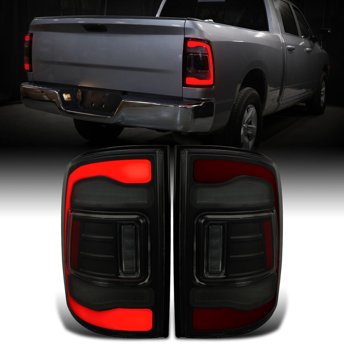Ronnin - Fits 2009-2018 Ram 1500 2010-2018 Ram 2500 3500 2019-2022 1500 Classic Full LED Tail Lights Integrated LED Brake and Turn Signal Lamps Assembly Pair | Black Smoke