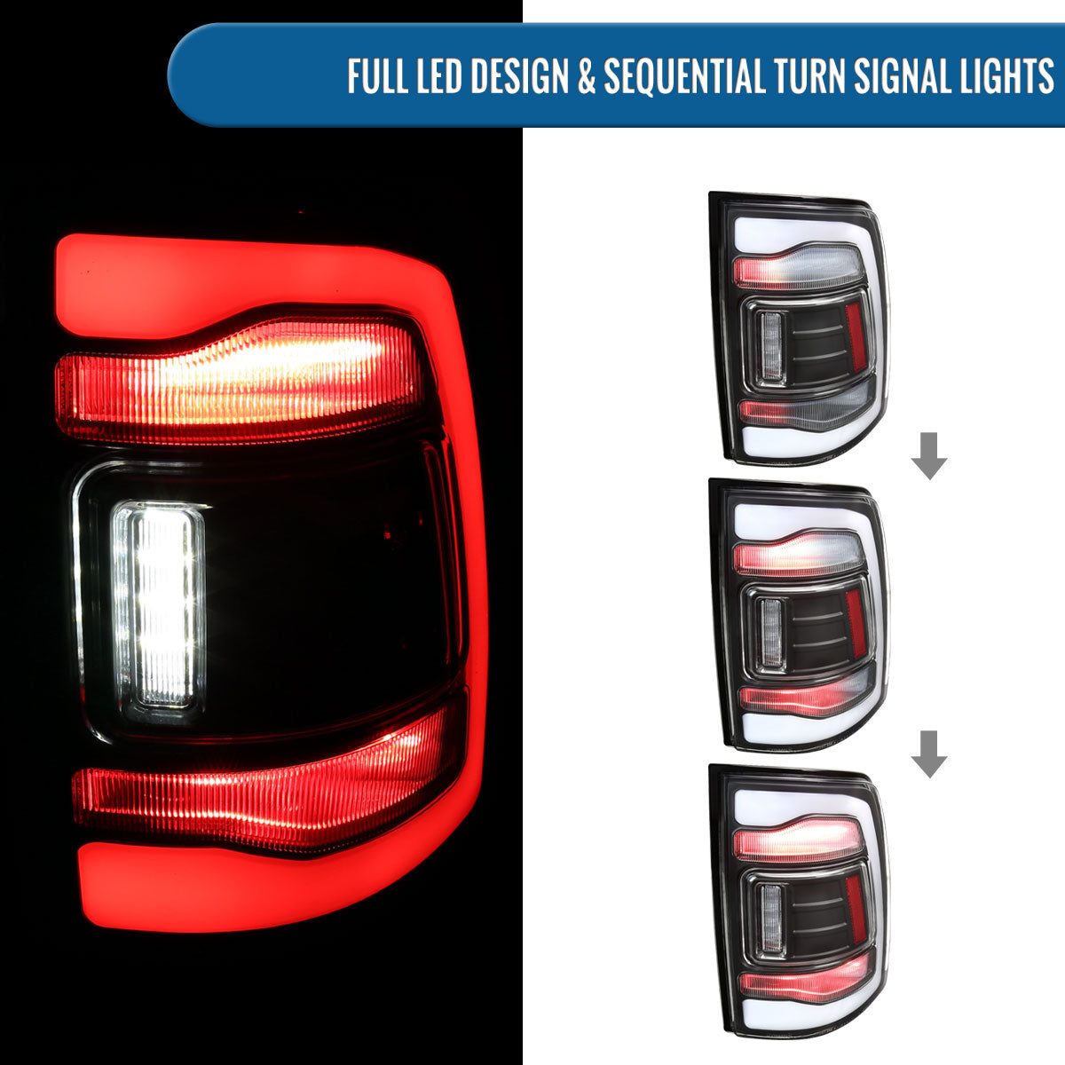 Ronnin - Fits 2013-2018 Ram 1500 2500 3500 2019-2022 Ram 1500 Classic Full LED Tail Lights Integrated Brake and Sequential Turn Signals + Animated Startup Effect Assembly Pair | Black | White Tube