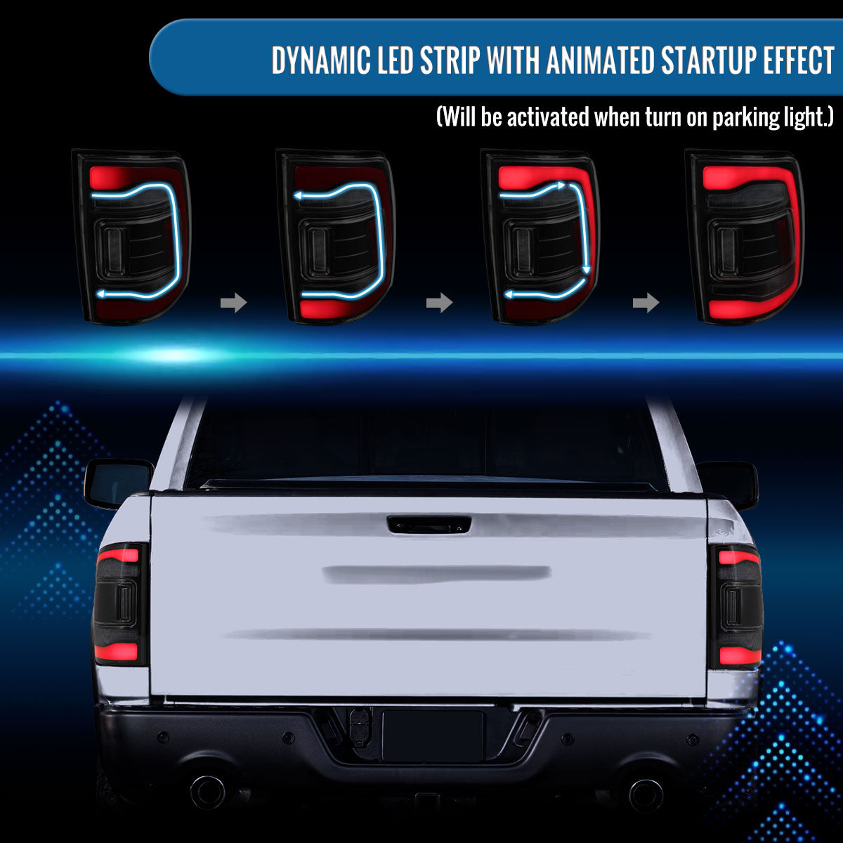 Ronnin - Fits 2013-2018 Ram 1500 2500 3500 2019-2022 Ram 1500 Classic Full LED Tail Lights Integrated Brake and Sequential Turn Signals + Animated Startup Effect Assembly Pair | Black Smoke