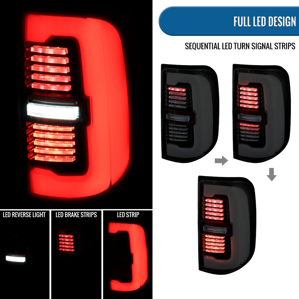 Ronnin - Fits 2019-2024 Ram 1500 Upgraded Full LED Tail Lights Integrated LED Brake and Sequential Turn Signal + Animated Startup Effect Assembly Pair | Black Smoke | White Tube