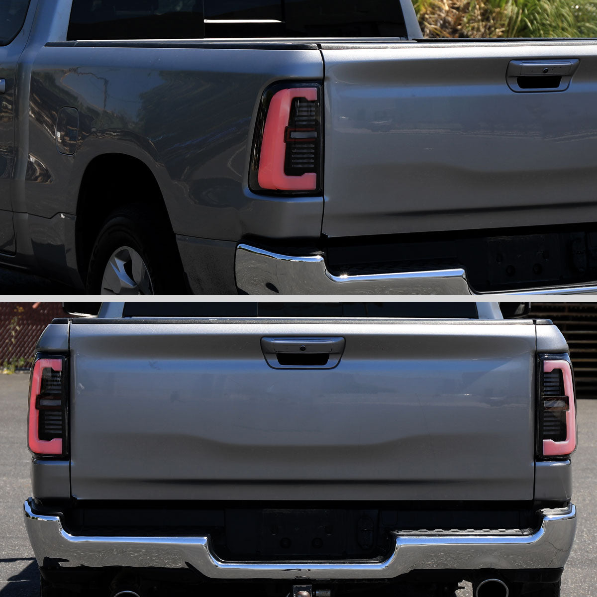 Ronnin - Fits 2019-2024 Ram 1500 Upgraded Full LED Tail Lights Integrated LED Brake and Sequential Turn Signal + Animated Startup Effect Assembly Pair | Black Smoke | White Tube
