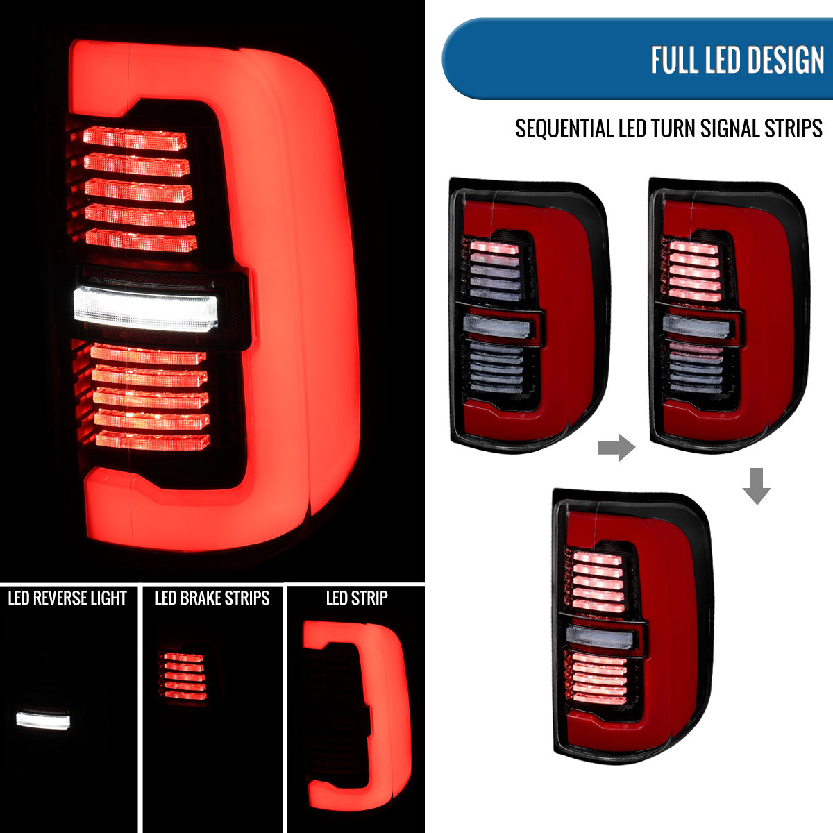 Ronnin - Fits 2019-2024 Ram 1500 Upgraded Full LED Tail Lights Integrated LED Brake and Sequential Turn Signal + Animated Startup Effect Assembly Pair | Glossy Black