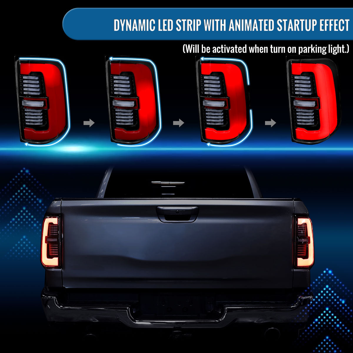 Ronnin - Fits 2019-2024 Ram 1500 Upgraded Full LED Tail Lights Integrated LED Brake and Sequential Turn Signal + Animated Startup Effect Assembly Pair | Glossy Black