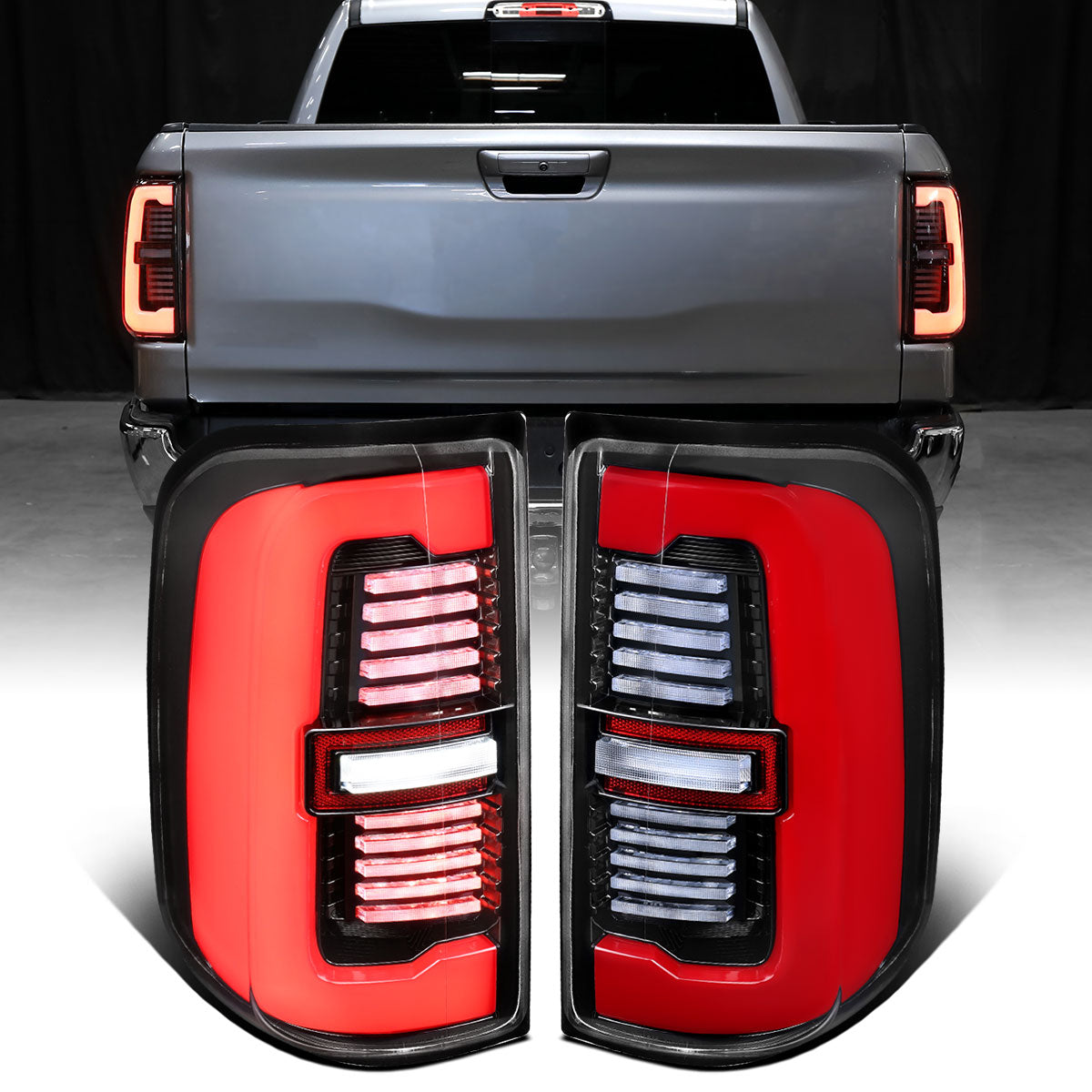 Ronnin - Fits 2019-2024 Ram 1500 Upgraded Full LED Tail Lights Integrated LED Brake and Sequential Turn Signal + Animated Startup Effect Assembly Pair | Glossy Black