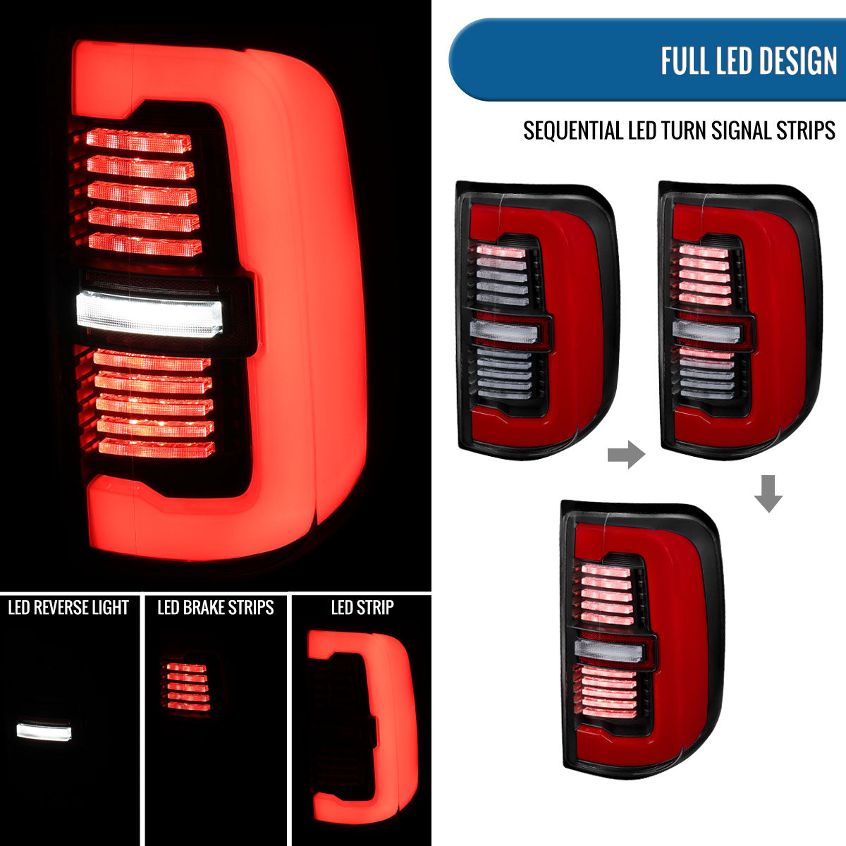 Ronnin - Fits 2019-2024 Ram 1500 Upgraded Full LED Tail Lights Integrated LED Brake and Sequential Turn Signal + Animated Startup Effect Assembly Pair | Black