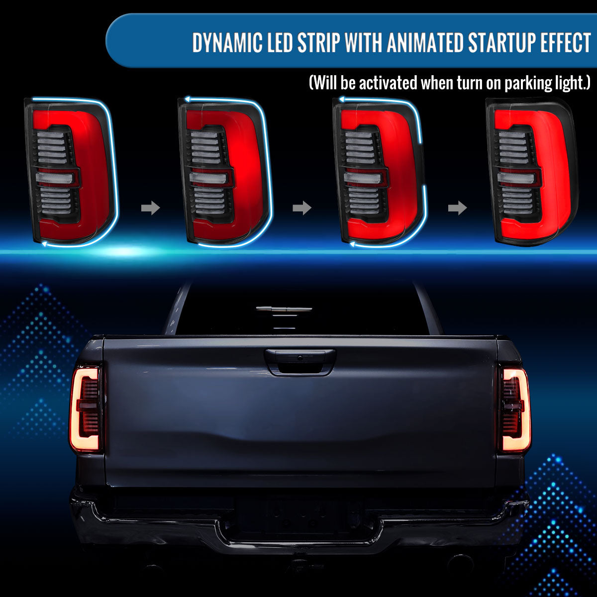 Ronnin - Fits 2019-2024 Ram 1500 Upgraded Full LED Tail Lights Integrated LED Brake and Sequential Turn Signal + Animated Startup Effect Assembly Pair | Black