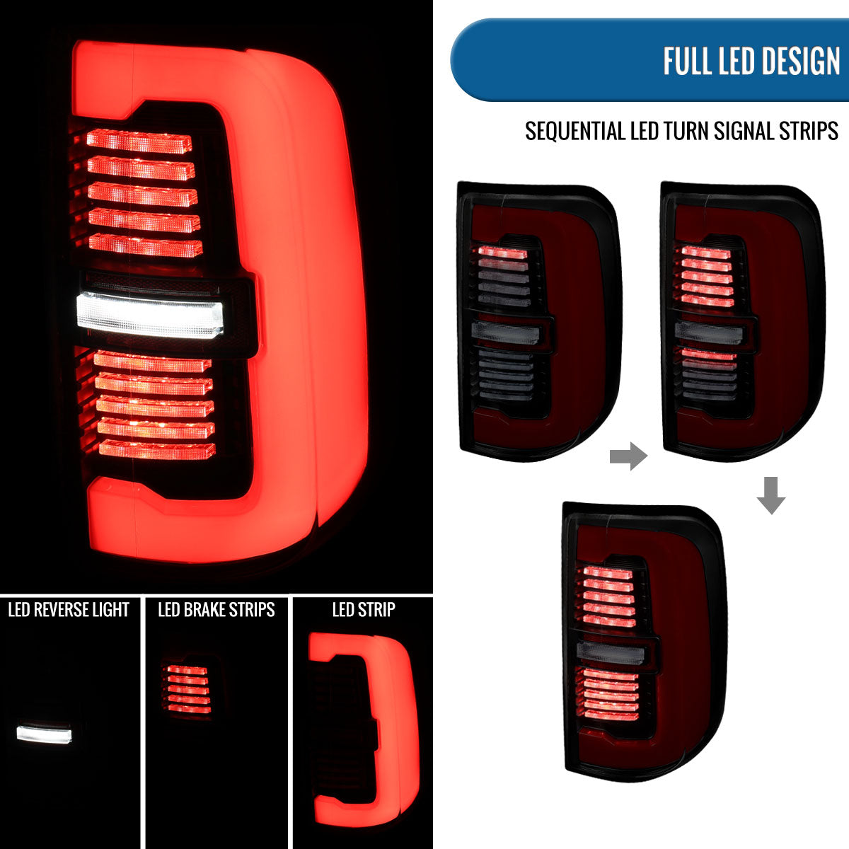 Ronnin - Fits 2019-2024 Ram 1500 Upgraded Full LED Tail Lights Integrated LED Brake and Sequential Turn Signal + Animated Startup Effect Assembly Pair | Black Smoke