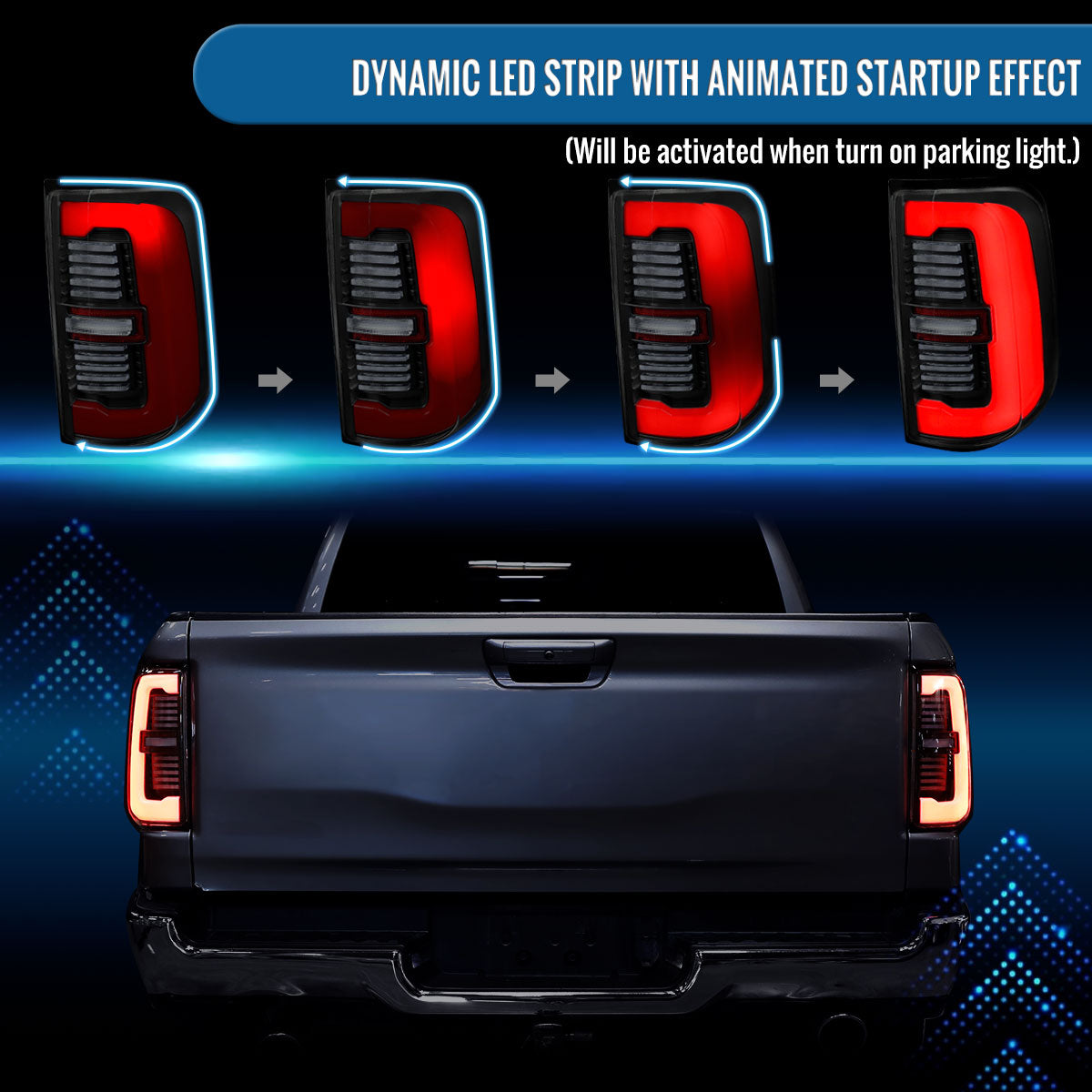 Ronnin - Fits 2019-2024 Ram 1500 Upgraded Full LED Tail Lights Integrated LED Brake and Sequential Turn Signal + Animated Startup Effect Assembly Pair | Black Smoke