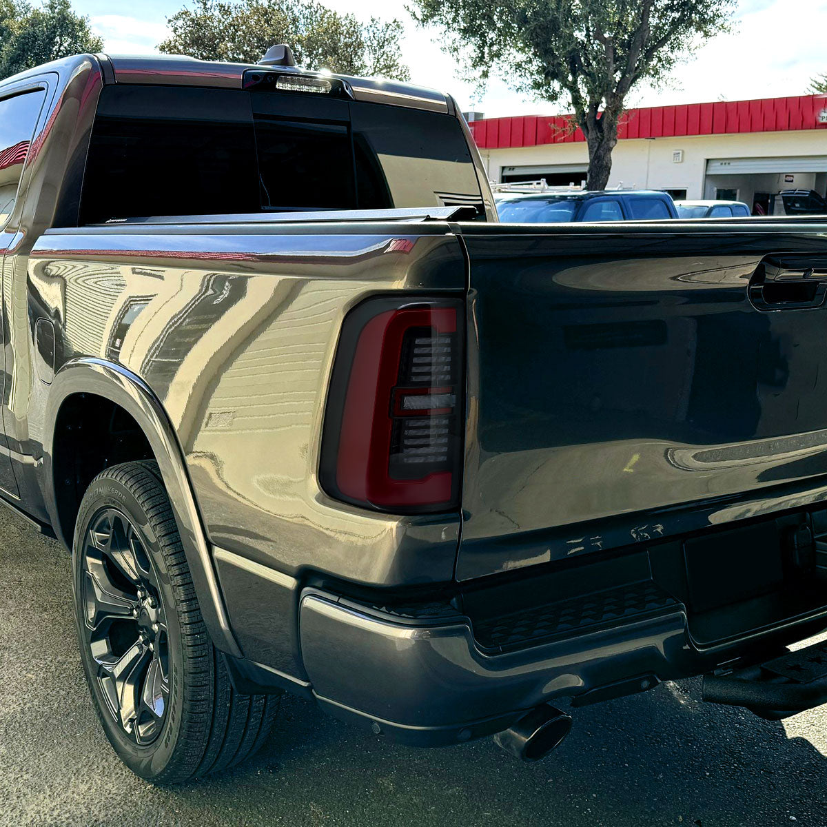 Ronnin - Fits 2019-2024 Ram 1500 Upgraded Full LED Tail Lights Integrated LED Brake and Sequential Turn Signal + Animated Startup Effect Assembly Pair | Black Smoke