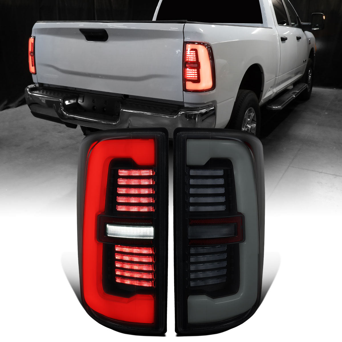 Ronnin - Fits 2019-2024 Ram 2500 3500 Halogen Model Replacement Full LED Tail Lights Sequential Turn Signal + Animated Startup Effect Assembly Pair | Black Smoke | White Tube
