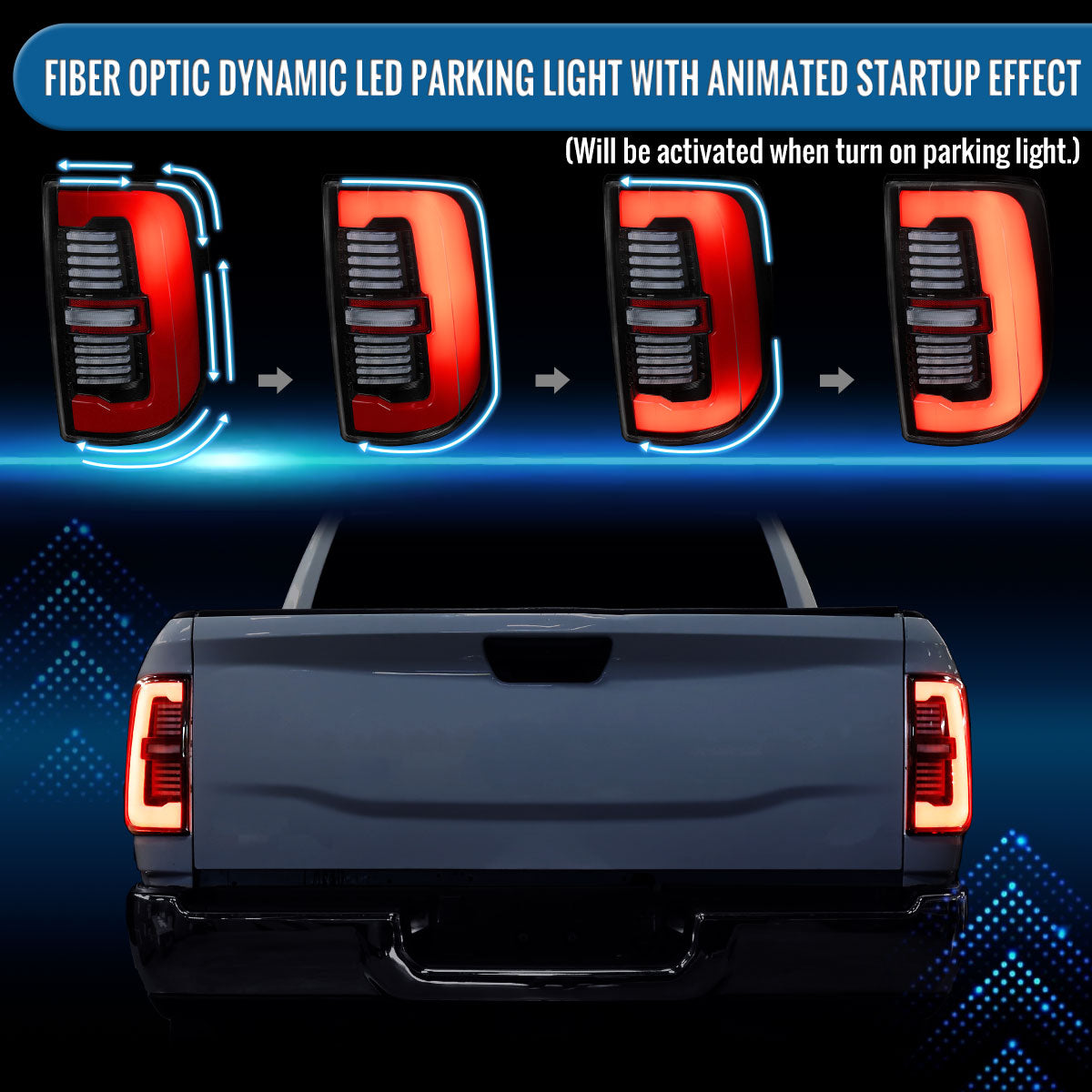 Ronnin - Fits 2019-2024 Ram 2500 3500 Halogen Model Replacement Full LED Tail Lights Sequential Turn Signal + Animated Startup Effect Assembly Pair | Gloss Black