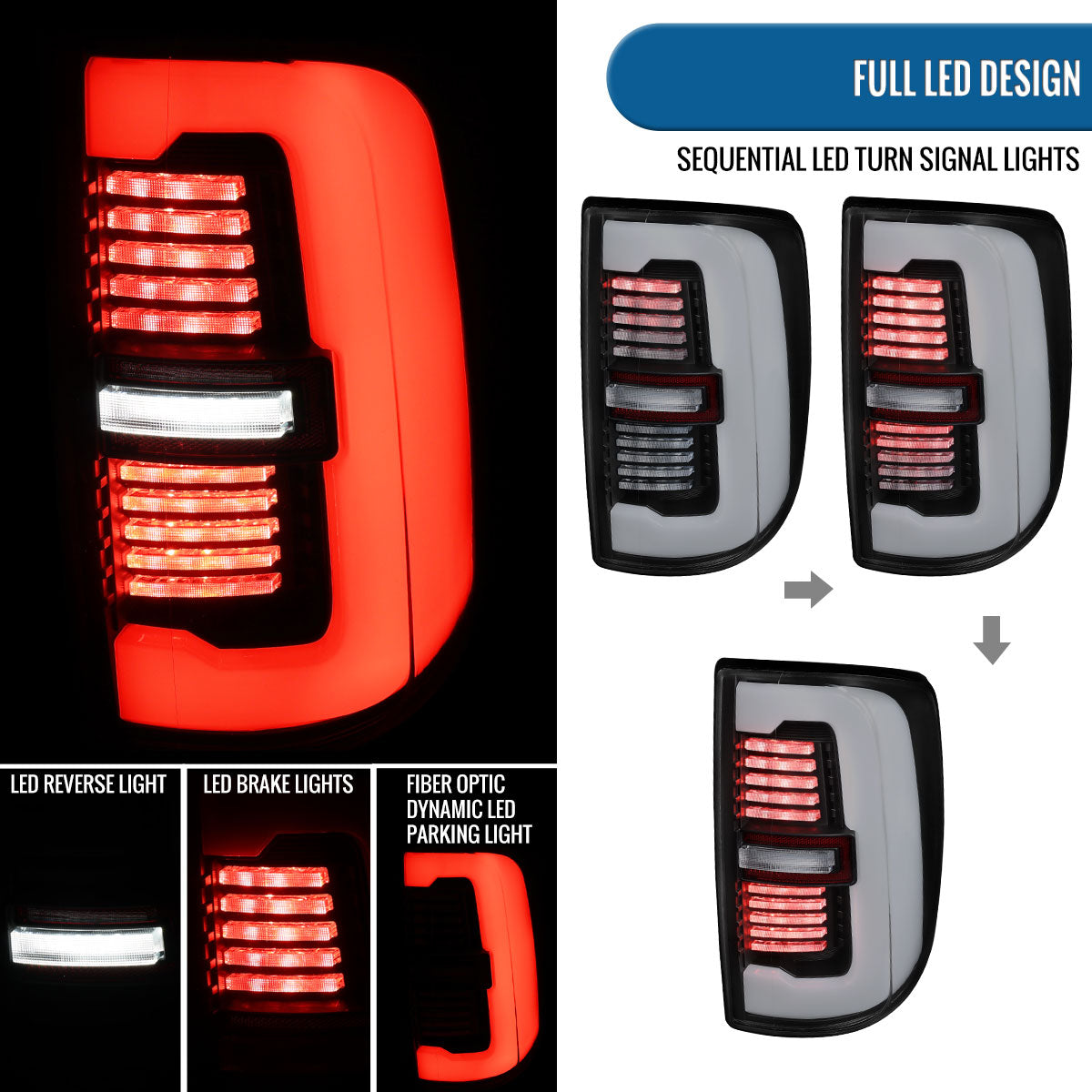 Ronnin - Fits 2019-2024 Ram 2500 3500 Halogen Model Replacement Full LED Tail Lights Sequential Turn Signal + Animated Startup Effect Assembly Pair | Black | White Tube