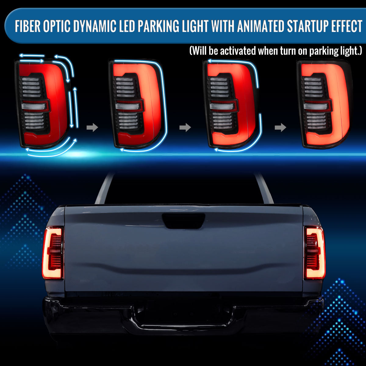Ronnin - Fits 2019-2024 Ram 2500 3500 Halogen Model Replacement Full LED Tail Lights Sequential Turn Signal + Animated Startup Effect Assembly Pair | Black