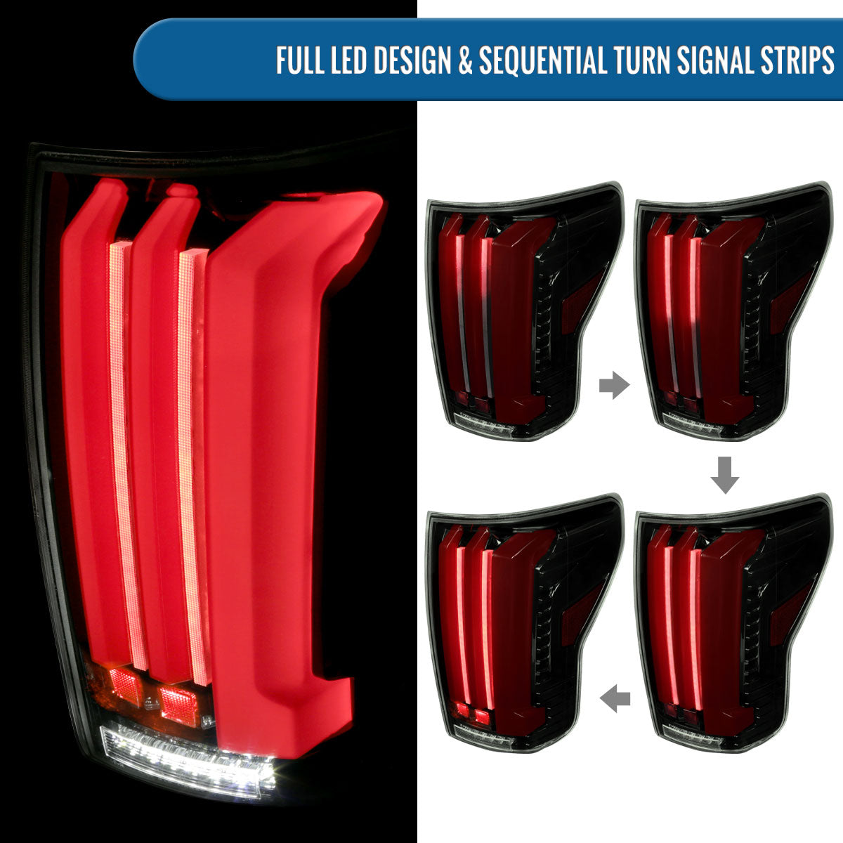 Ronnin - Fits 2007-2013 Toyota Tundra Pickup Truck Full LED Tail Lights Integrated Brake and Sequential Turn Signals + Animated Startup Effect Parking Assembly Pair | Black Smoke