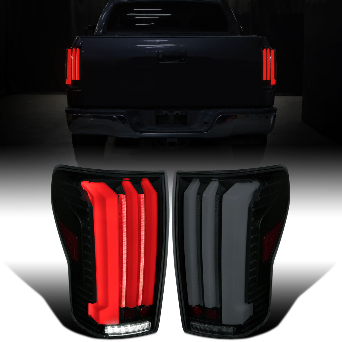 Ronnin - Fits 2007-2013 Toyota Tundra Pickup Truck Full LED Tail Lights Integrated Brake and Sequential Turn Signals + Animated Startup Effect Parking Assembly Pair | Black Smoke | White Tube