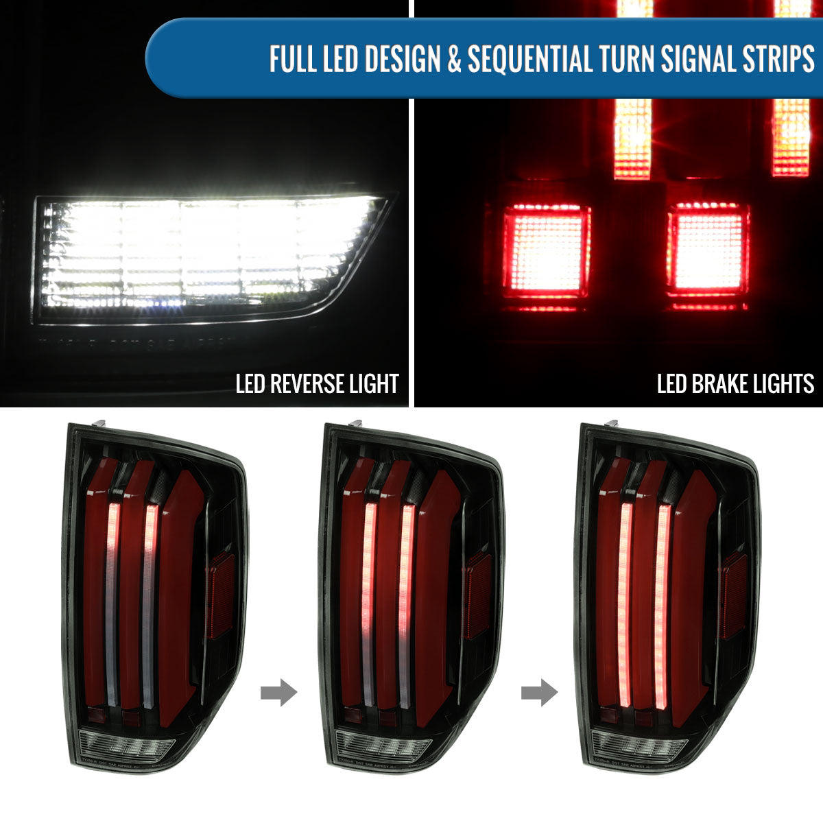 Ronnin - Fits 2014-2021 Toyota Tundra Pickup Truck Full LED Tail Lights Integrated Brake and Sequential Turn Signals + Animated Startup Effect Parking Assembly Pair | Black Smoke