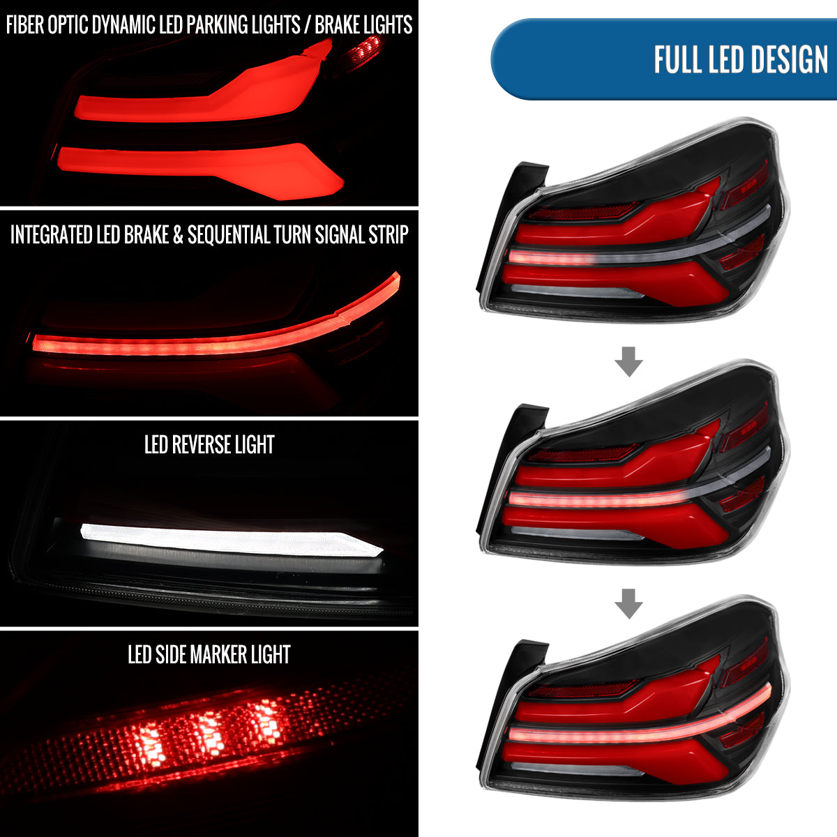 Ronnin - Fits 2015-2021 Subaru WRX | WRX STI US Spec Full LED Tail Lights Animated Startup Effect + Sequential Signal Lamps Assembly Pair | Black