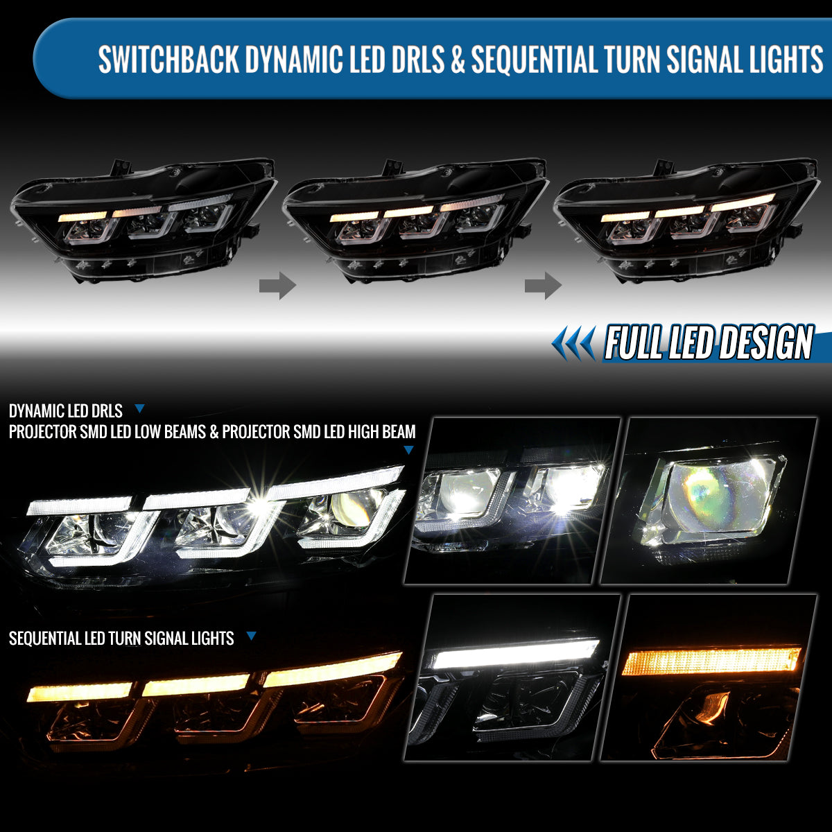 Ronnin - Fits 2015-2017 Ford Mustang HID Models Upgraded Replacement Full LED Triple Projector Headlights Switchback Sequential Signal + Animated Startup Effect Pair | Glossy Black