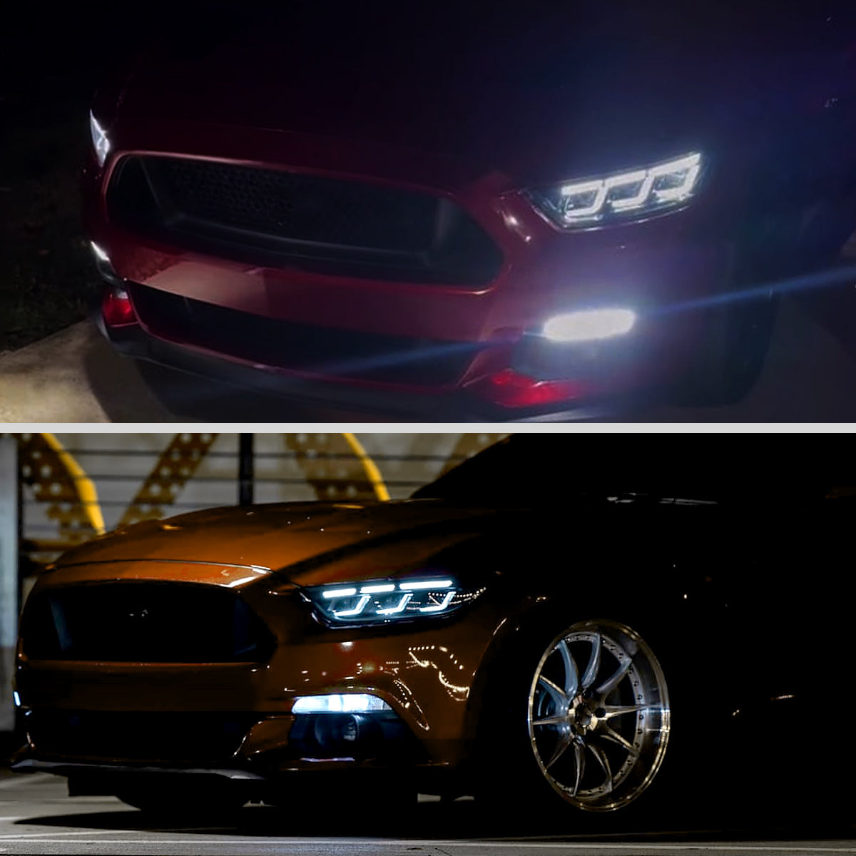 Ronnin - Fits 2015-2017 Ford Mustang HID Models Upgraded Replacement Full LED Triple Projector Headlights Switchback Sequential Signal + Animated Startup Effect Pair | Glossy Black