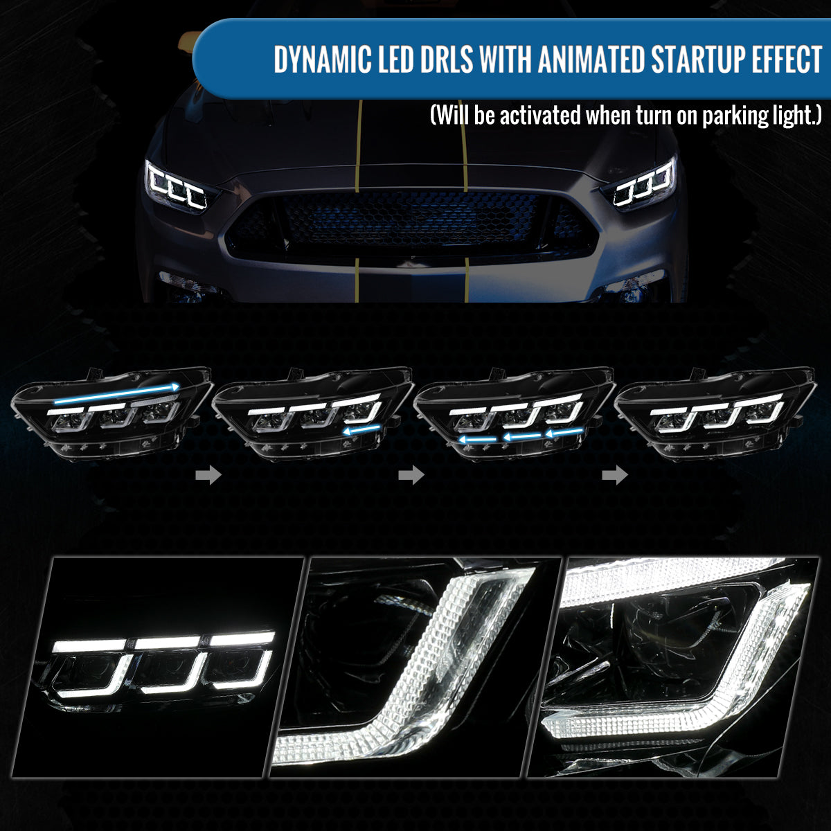 Ronnin - Fits 2015-2017 Ford Mustang HID Models Upgraded Replacement Full LED Triple Projector Headlights Switchback Sequential Signal + Animated Startup Effect Pair | Glossy Black