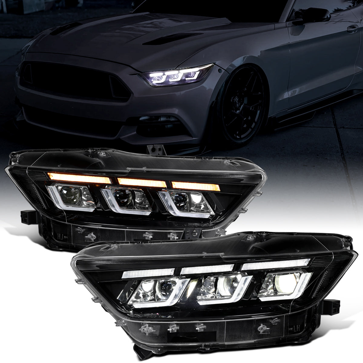 Ronnin - Fits 2015-2017 Ford Mustang HID Models Upgraded Replacement Full LED Triple Projector Headlights Switchback Sequential Signal + Animated Startup Effect Pair | Glossy Black