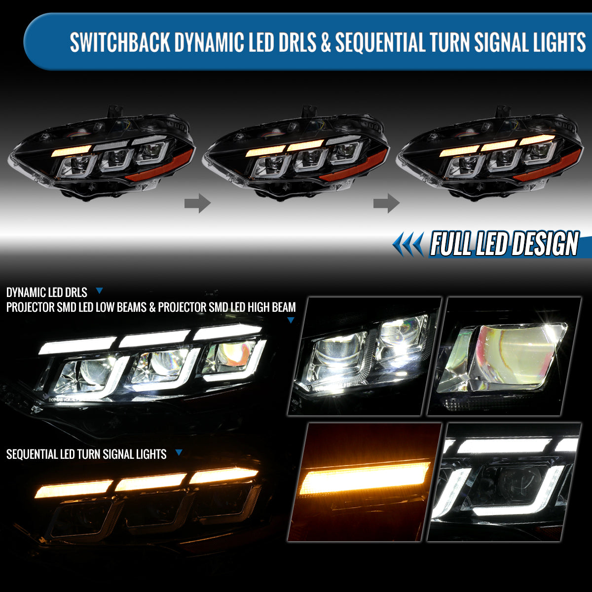 Ronnin - Fits 2018-2023 Ford Mustang Full LED Upgraded Triple Projector Headlights Switchback Sequential Signal + Animated Startup Effect Pair | Glossy Black