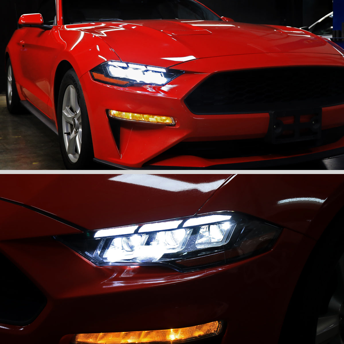 Ronnin - Fits 2018-2023 Ford Mustang Full LED Upgraded Triple Projector Headlights Switchback Sequential Signal + Animated Startup Effect Pair | Glossy Black