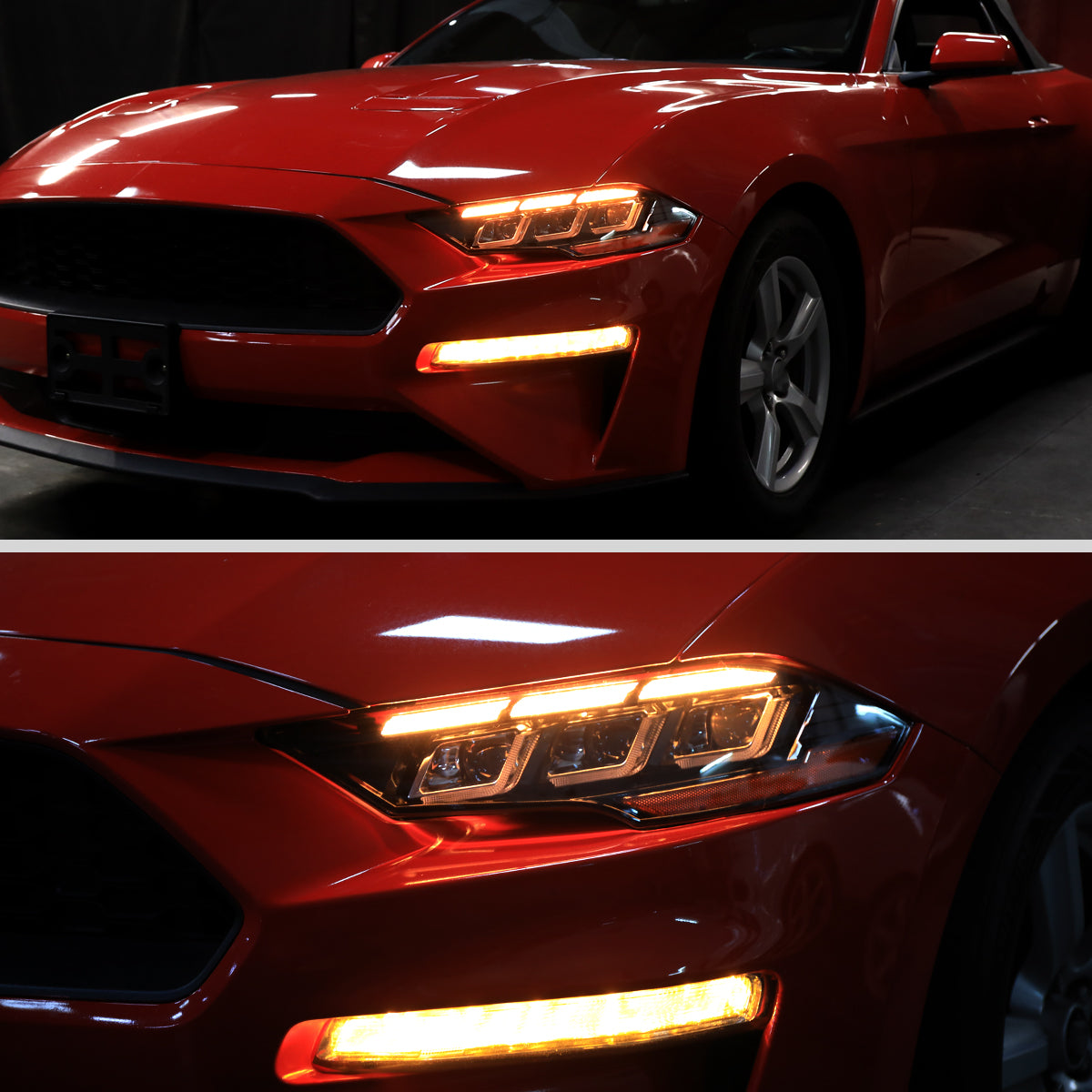 Ronnin - Fits 2018-2023 Ford Mustang Full LED Upgraded Triple Projector Headlights Switchback Sequential Signal + Animated Startup Effect Pair | Glossy Black