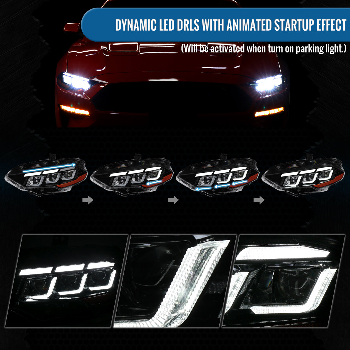 Ronnin - Fits 2018-2023 Ford Mustang Full LED Upgraded Triple Projector Headlights Switchback Sequential Signal + Animated Startup Effect Pair | Glossy Black