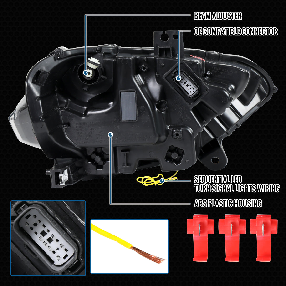 Ronnin - Fits 2018-2023 Ford Mustang Full LED Upgraded Triple Projector Headlights Switchback Sequential Signal + Animated Startup Effect Pair | Glossy Black