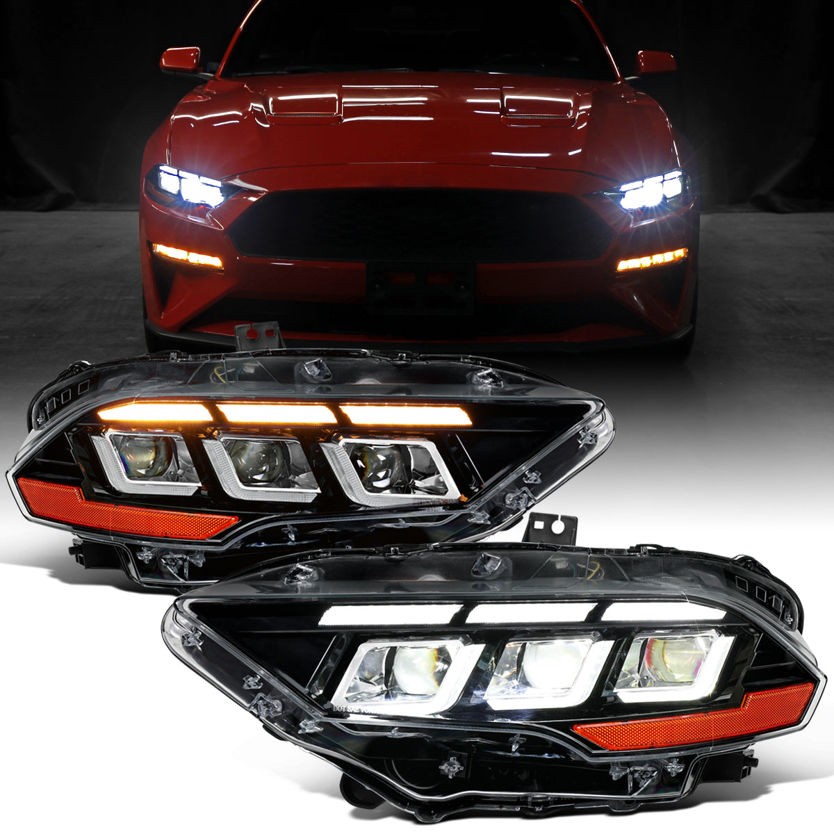 Ronnin - Fits 2018-2023 Ford Mustang Full LED Upgraded Triple Projector Headlights Switchback Sequential Signal + Animated Startup Effect Pair | Glossy Black