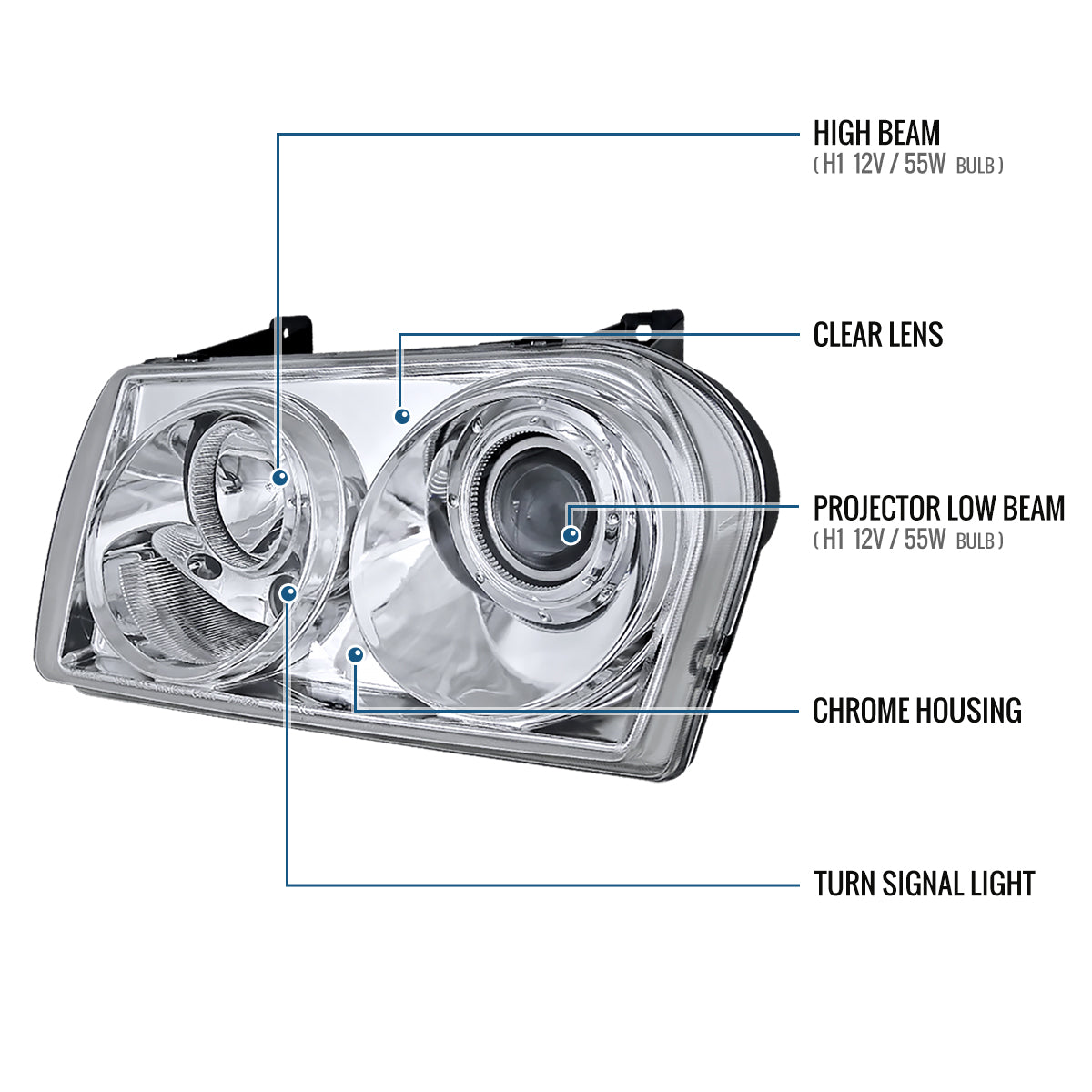 Ronnin - Fits 2005-2010 Chrysler 300 Factory Replacement Halogen Projector Headlights Assembly Pair | Chrome