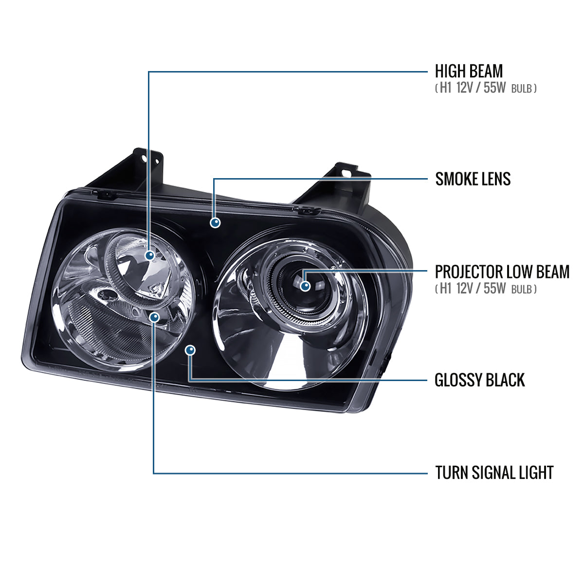 Ronnin - Fits 2005-2010 Chrysler 300 Factory Replacement Halogen Projector Headlights Assembly Pair | Smoke