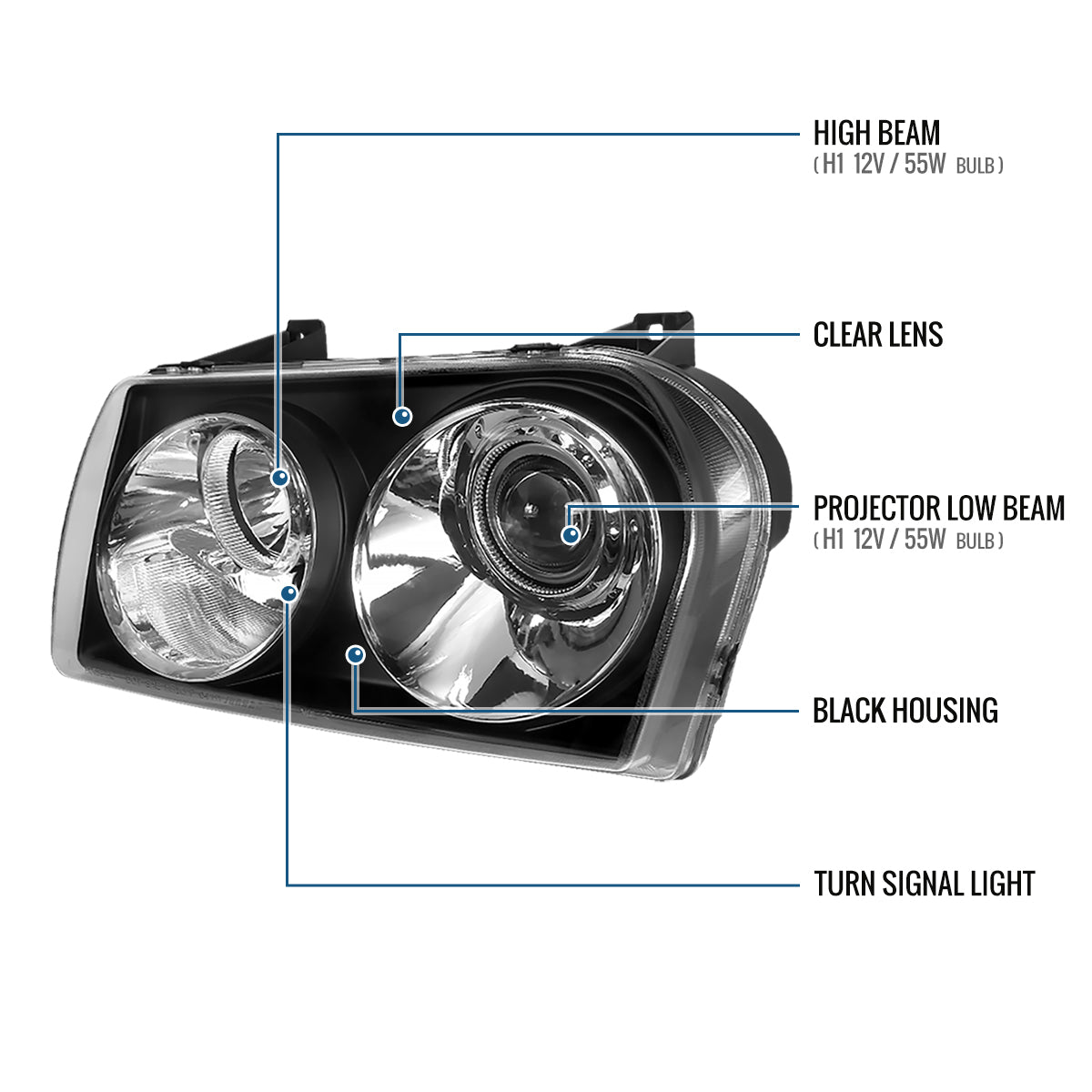 Ronnin - Fits 2005-2010 Chrysler 300 Factory Replacement Halogen Projector Headlights Assembly Pair | Black