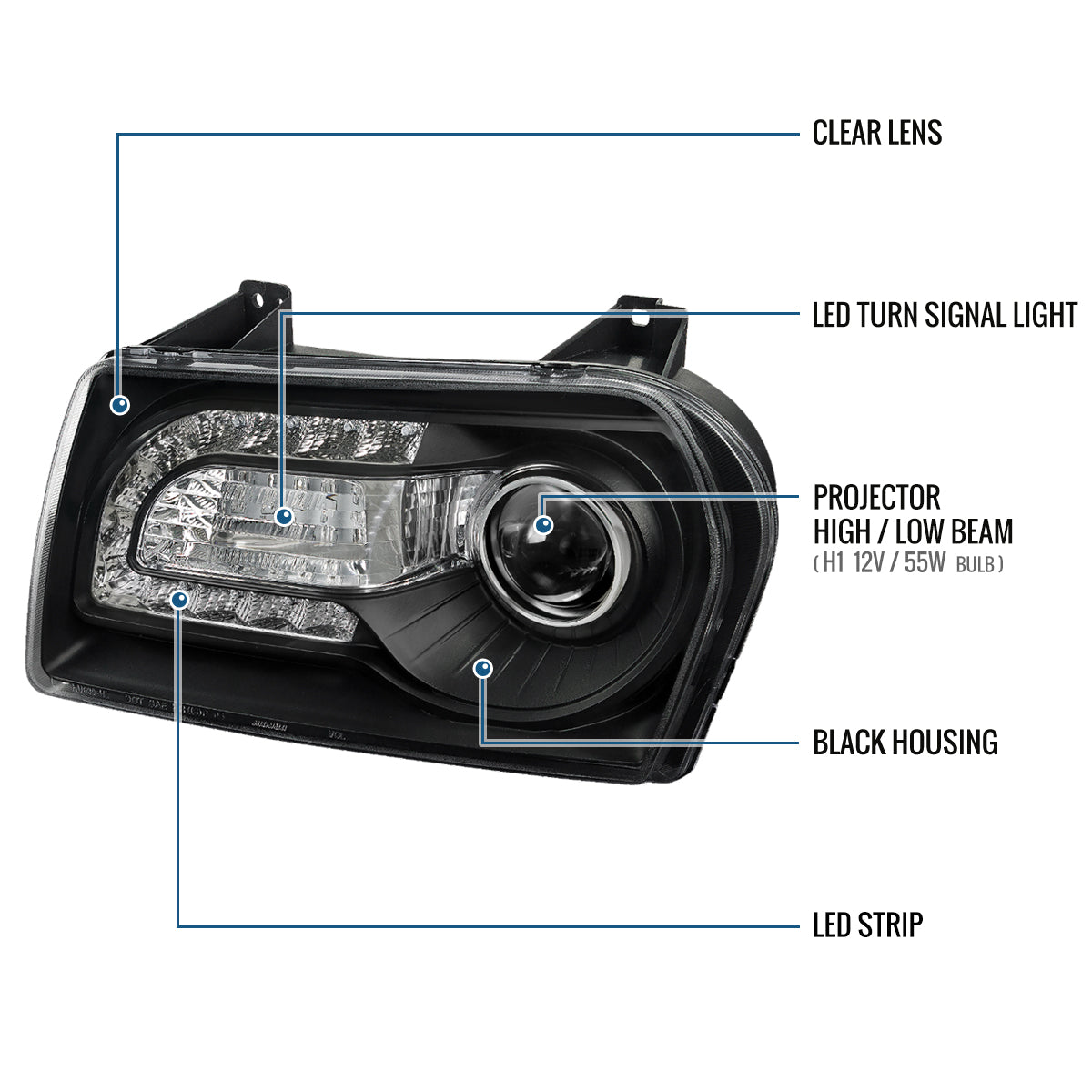 Ronnin - Fits 2005-2010 Chrysler 300 Upgraded LED Running Lights + LED Turn Signal Lights Halogen Projector Headlights Replacement Assembly Pair | Black