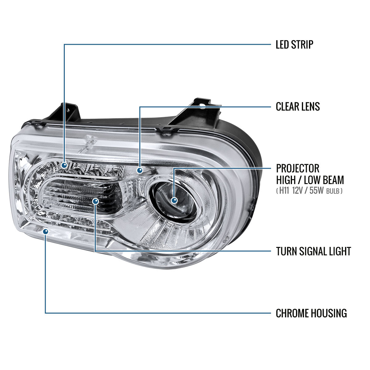 Ronnin - Fits 2005-2010 Chrysler 300 300C Upgraded LED Running Lights Halogen Projector Headlights Replacement Assembly Pair | Chrome