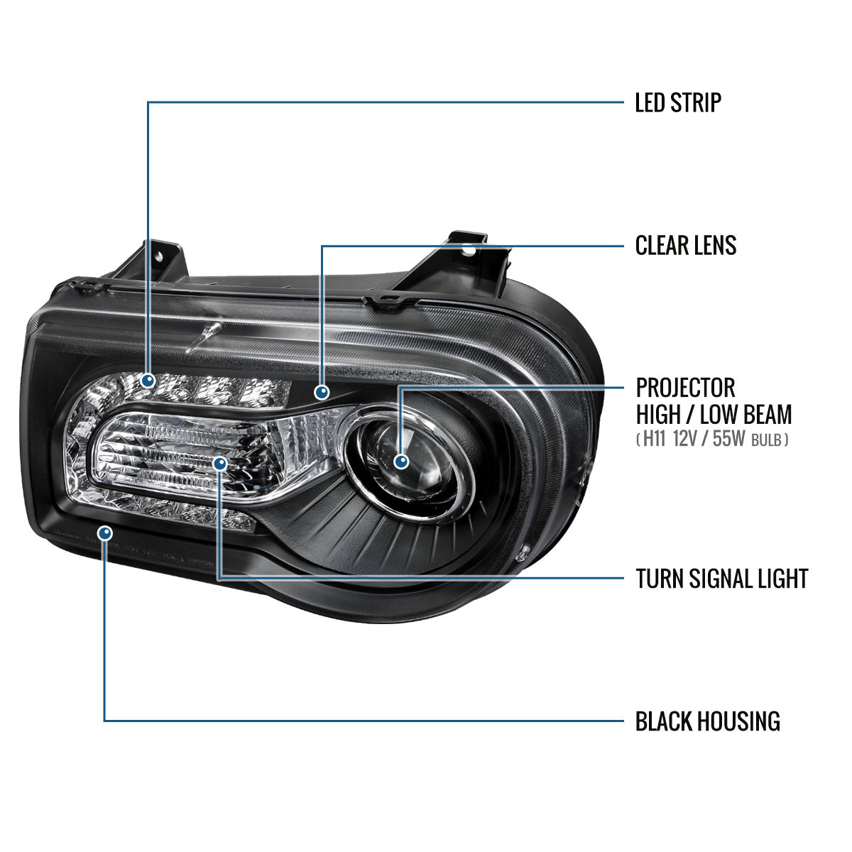 Ronnin - Fits 2005-2010 Chrysler 300 300C Upgraded LED Running Lights Halogen Projector Headlights Replacement Assembly Pair | Black