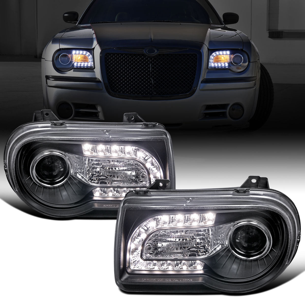Ronnin - Fits 2005-2010 Chrysler 300 300C Upgraded LED Running Lights Halogen Projector Headlights Replacement Assembly Pair | Black