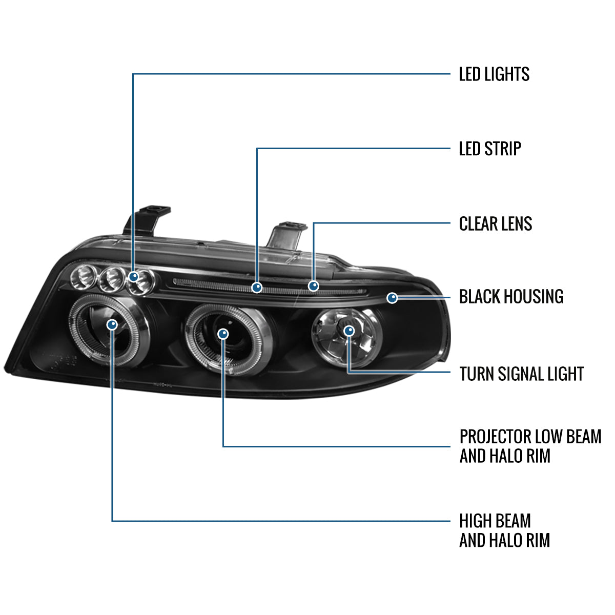 Ronnin - Fits 1999-2001 Audi A4 Upgraded LED Dual Halo Rims Projector Headlights Assembly Pair | Black
