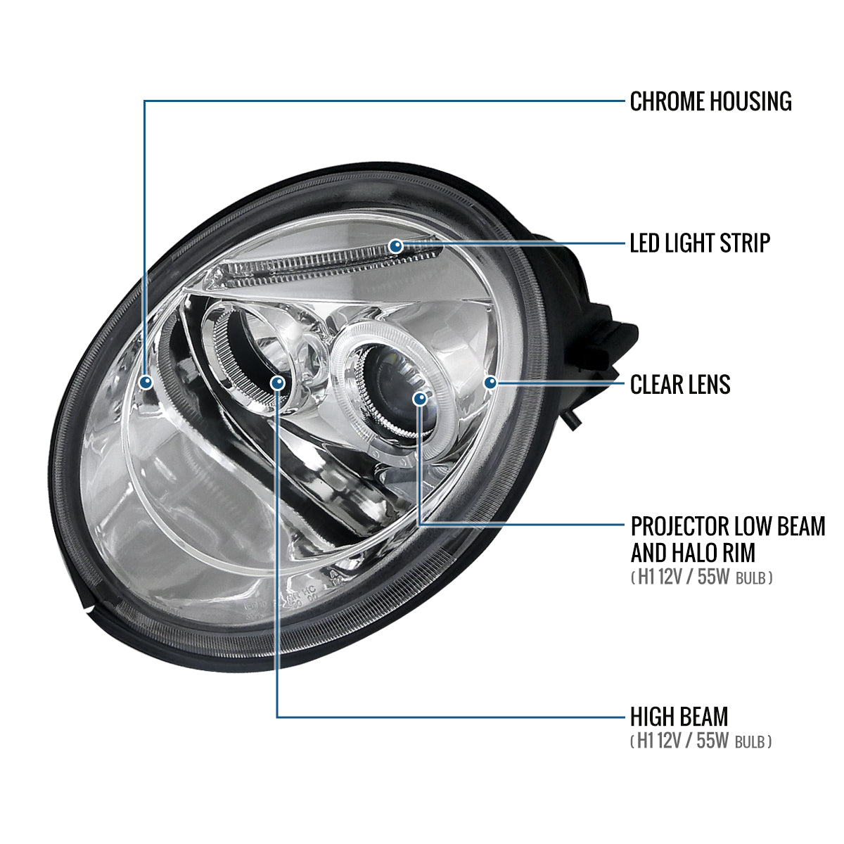 Ronnin - Fits 1998-2005 Volkswagen Beetle Upgrade Replacement Halogen Projector Headlights Assembly Pair | Chrome