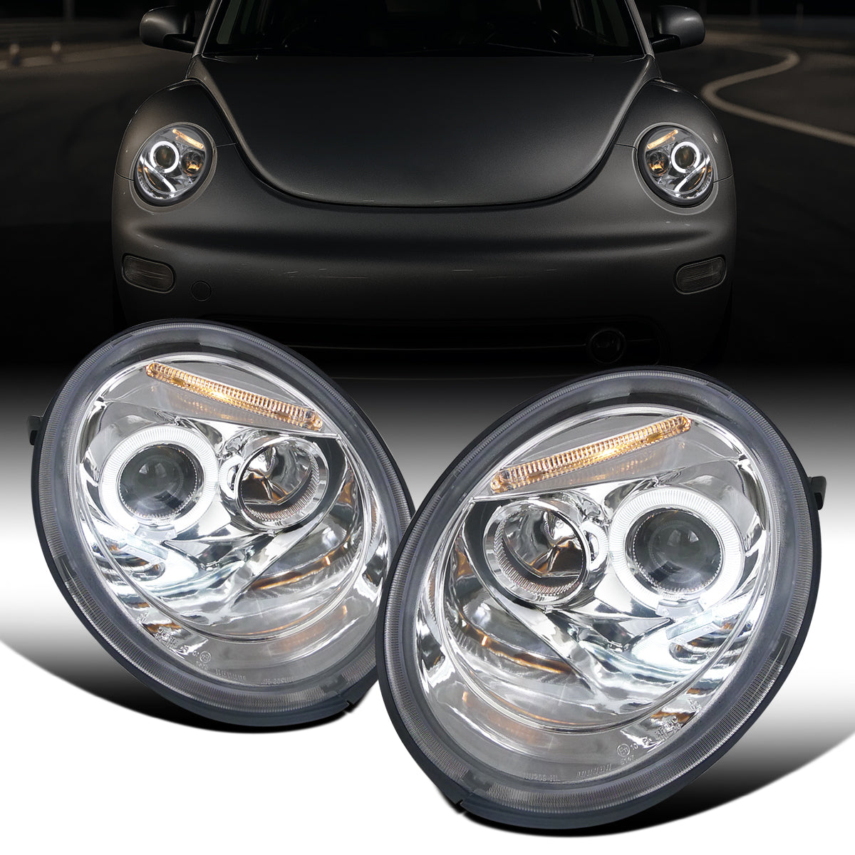 Ronnin - Fits 1998-2005 Volkswagen Beetle Upgrade Replacement Halogen Projector Headlights Assembly Pair | Chrome