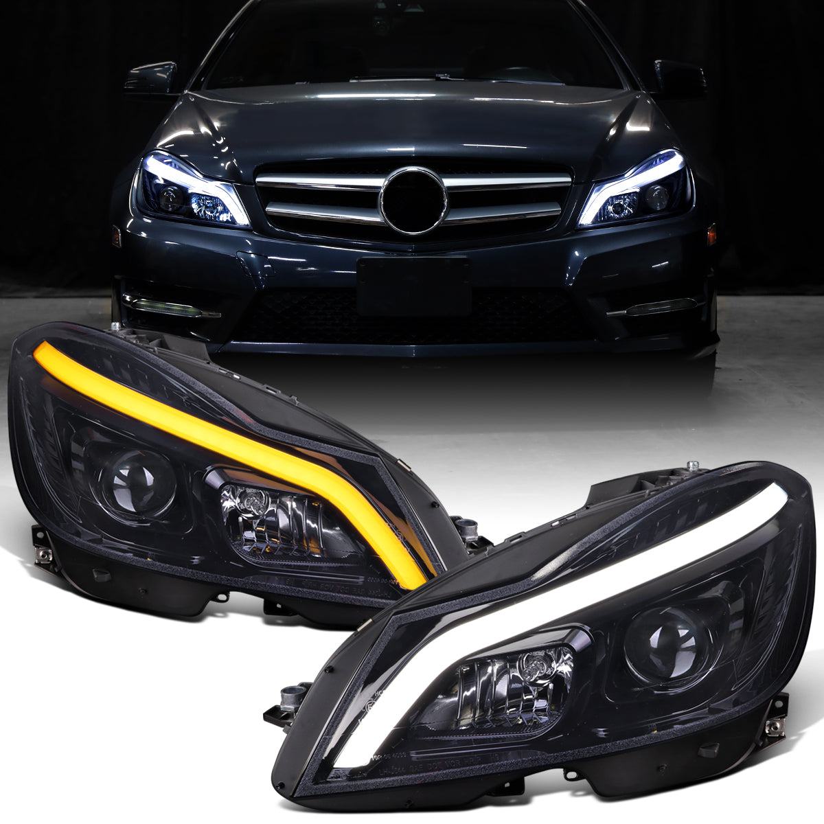 Ronnin - Fits 2012-2015 Mercedes-Benz W204 C-Class 2Dr 4Dr C180 C250 C350 2Dr Switchback LED Sequential Turn Signal Halogen Projector Headlights Assembly Pair | Black Smoke