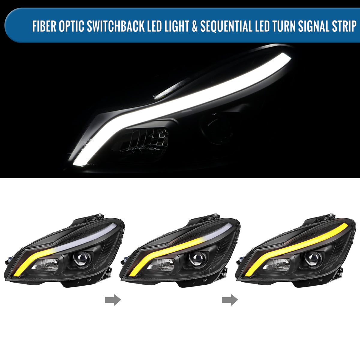 Ronnin - Fits 2012-2015 Mercedes-Benz W204 C-Class 2Dr 4Dr C180 C250 C350 2Dr Switchback LED Sequential Turn Signal Halogen Projector Headlights Assembly Pair | Black