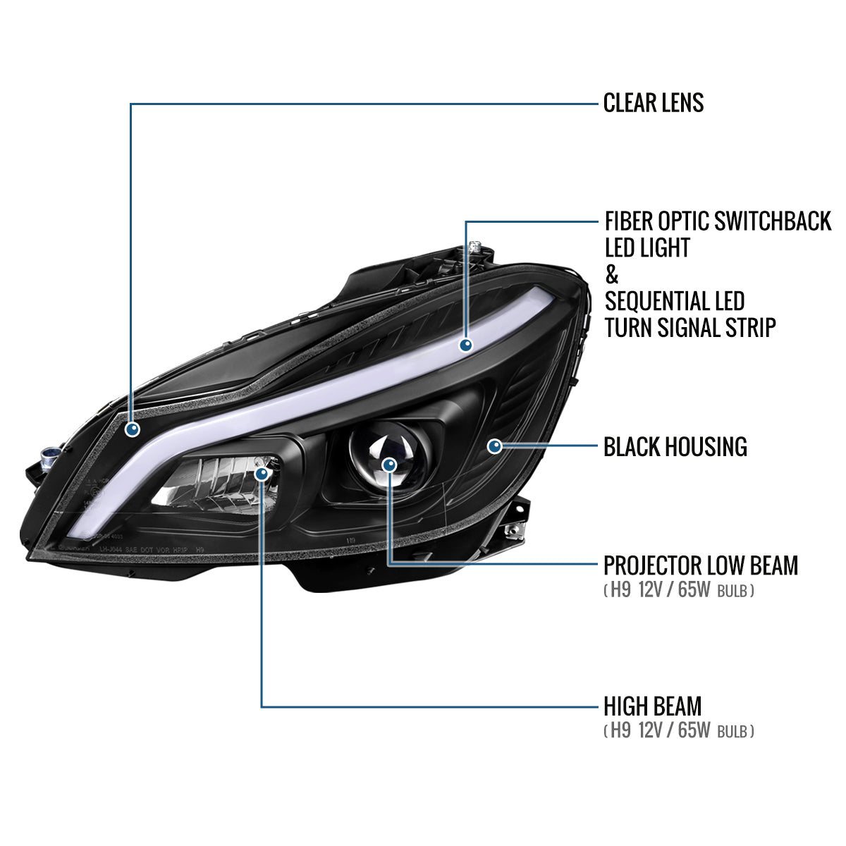 Ronnin - Fits 2012-2015 Mercedes-Benz W204 C-Class 2Dr 4Dr C180 C250 C350 2Dr Switchback LED Sequential Turn Signal Halogen Projector Headlights Assembly Pair | Black