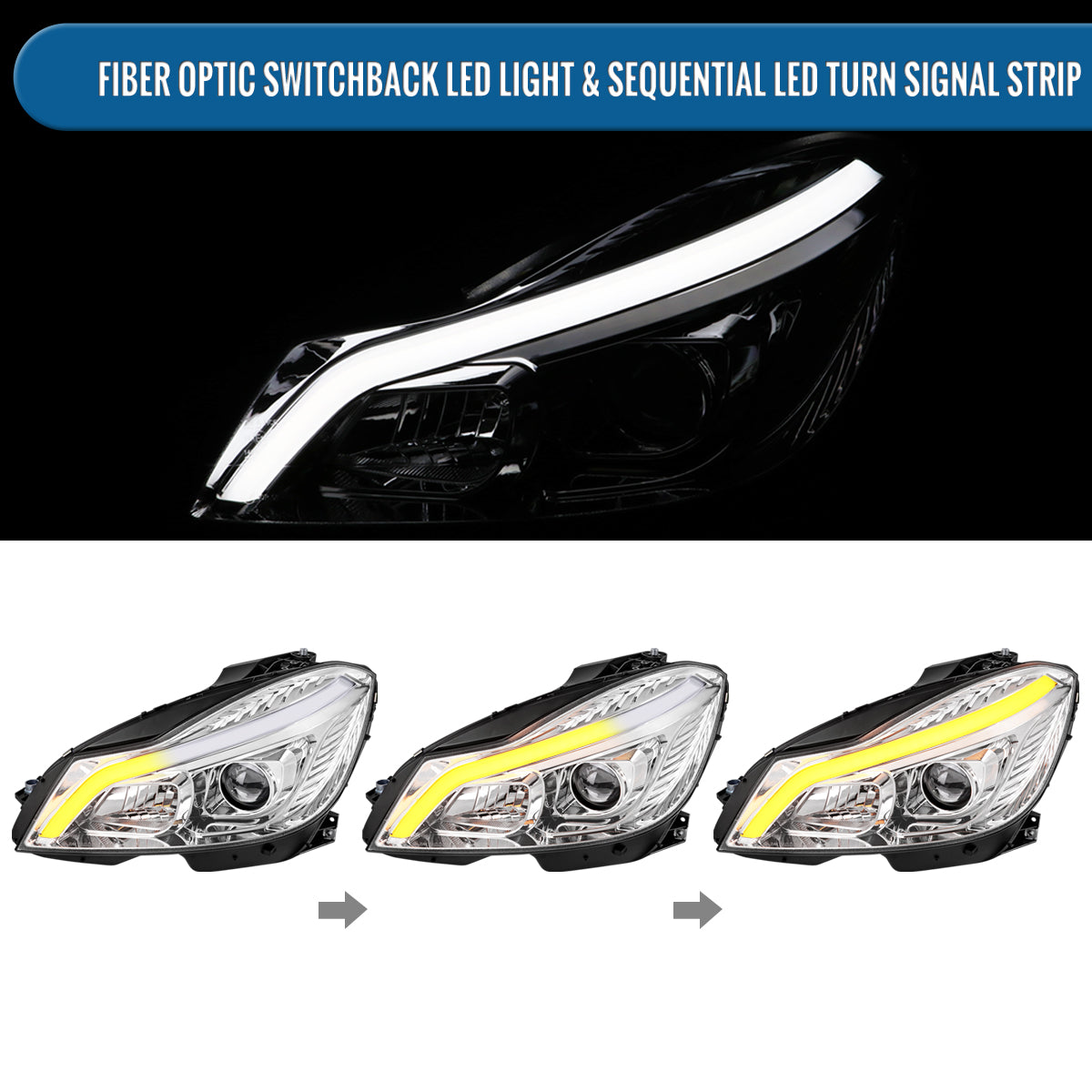Ronnin - Fits 2012-2015 Mercedes-Benz W204 C-Class 2Dr 4Dr C180 C250 C350 2Dr Switchback LED Sequential Turn Signal Halogen Projector Headlights Assembly Pair | Chrome